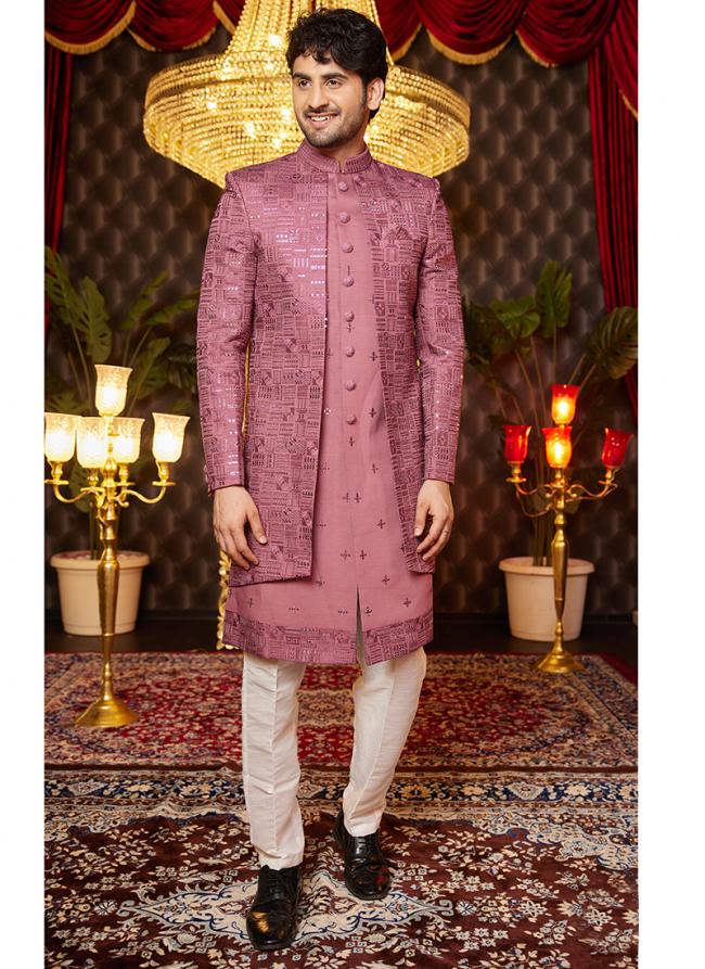 Art Silk Pink Wedding Wear Thread Work Readymade Indo Western Sherwani